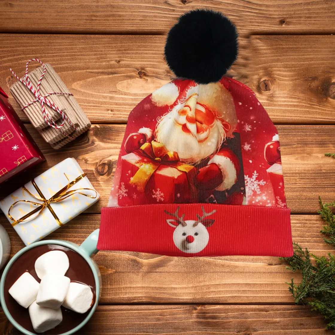 All-Over Print Knitted Hat With Pom-Pom