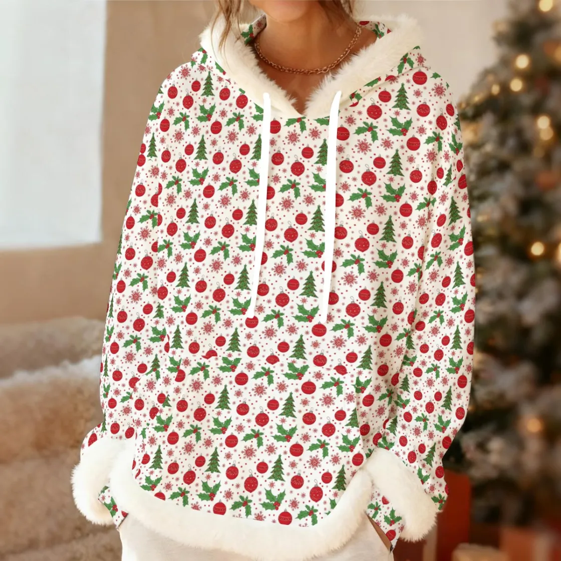 All-Over Print Women's Fleece Hoodie With Decorative Trim