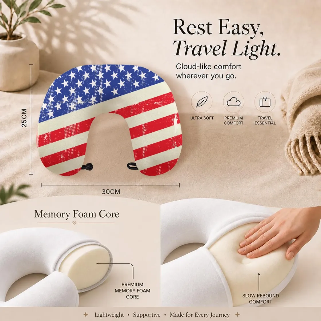 All-Over Print Memory Foam Travel Neck Pillow with Frog Button Closure