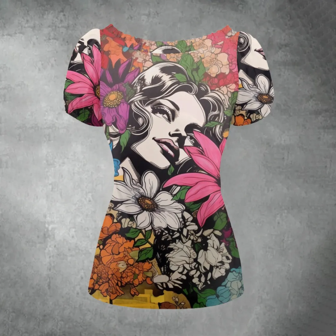 All-over print Women's Puff Sleeve Pleated Shirt