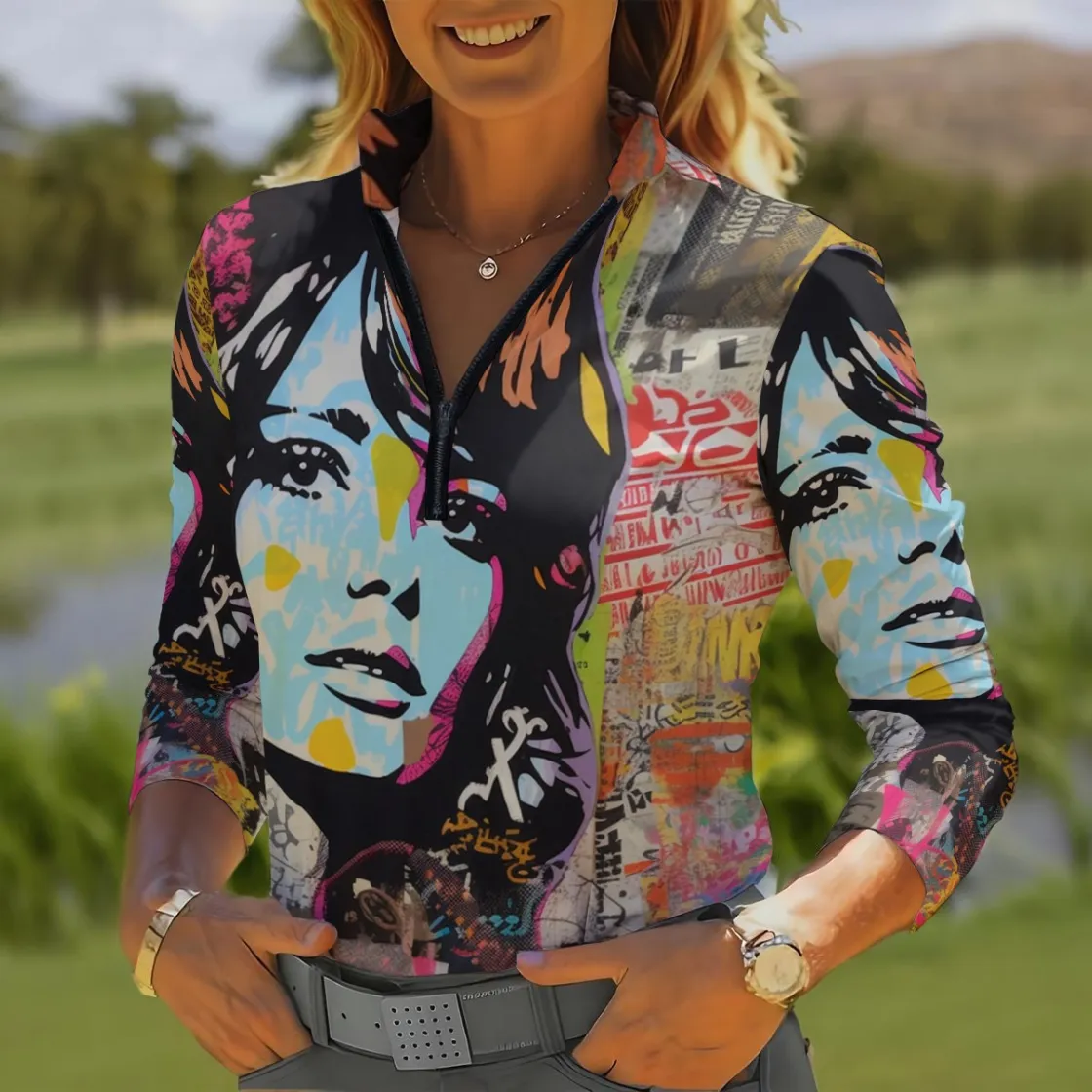 All-Over Print Women's Quarter Zip Sport Shirt With  Long Sleeve