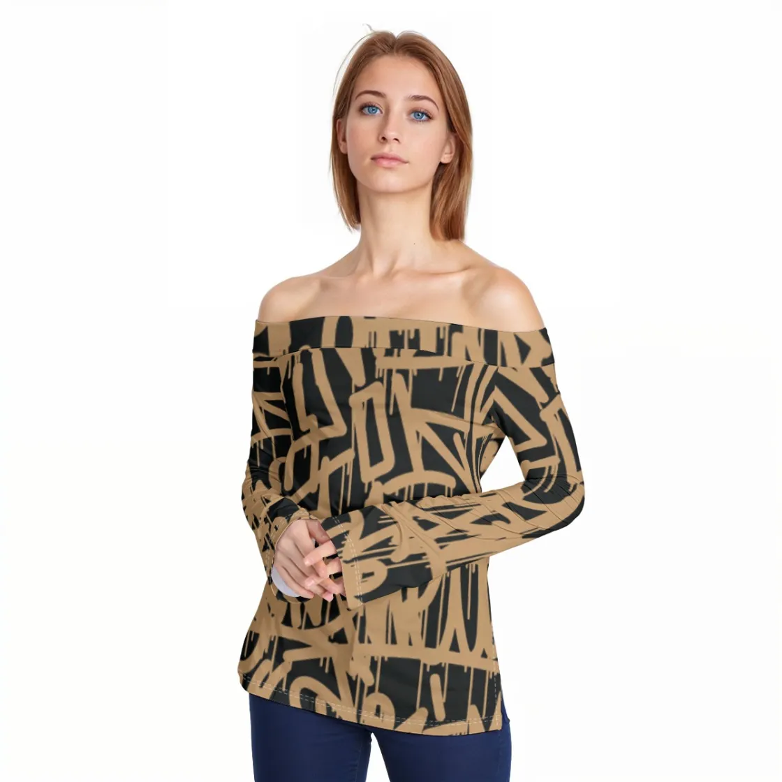 All-Over Print Women Off-Shoulder Long Sleeve Top