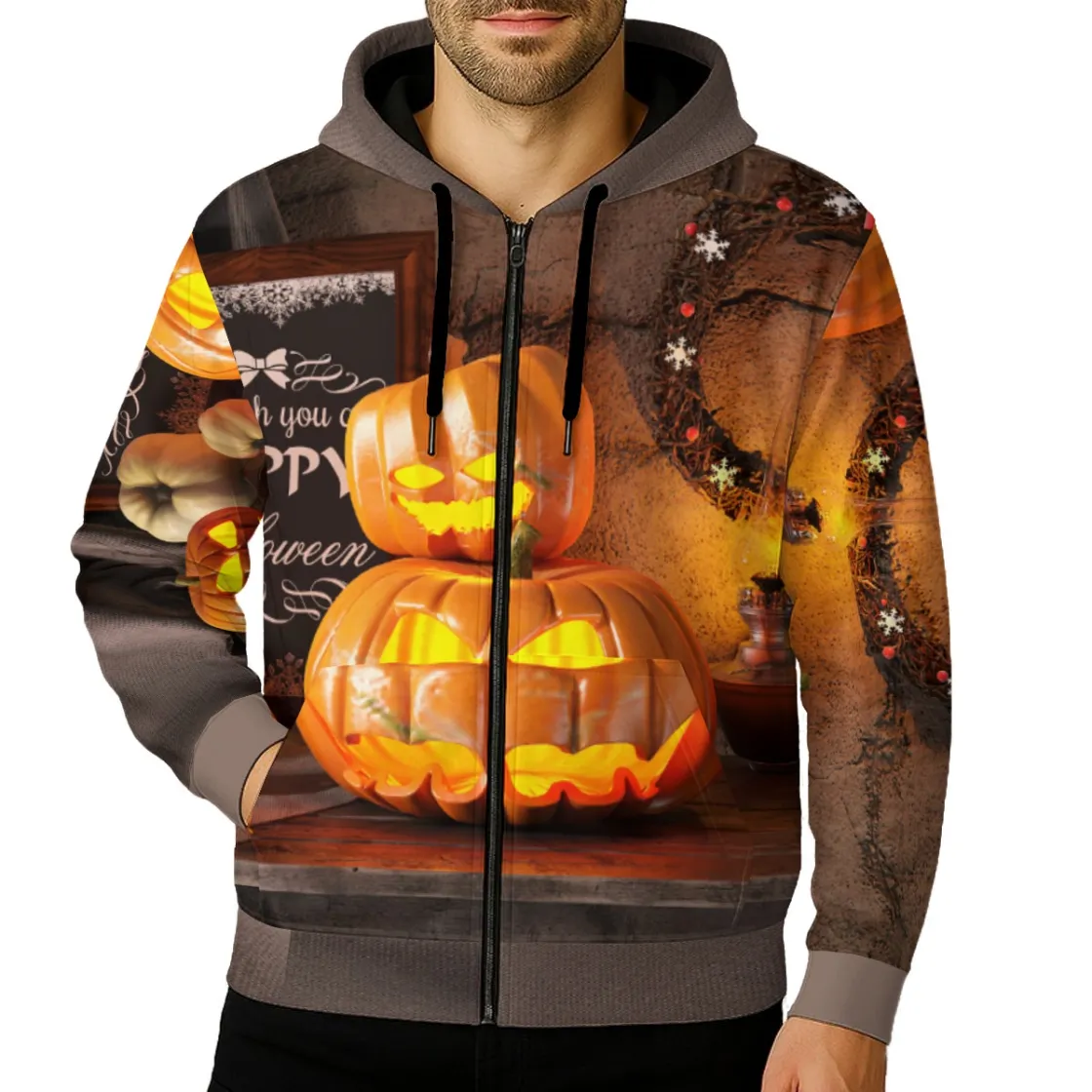 All-Over Print Zip Up Hoodie With Pocket
