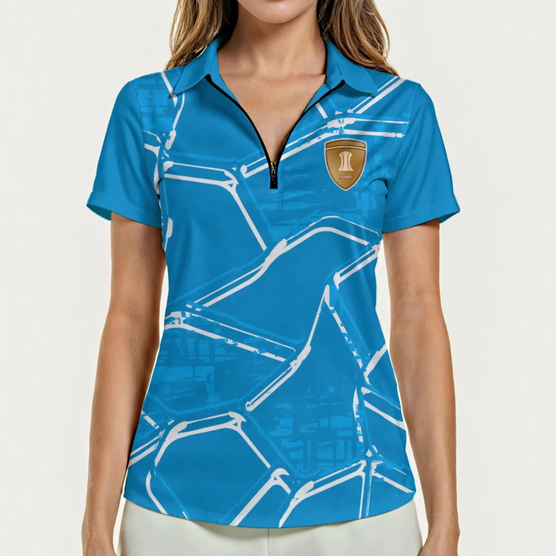 All-Over Print Women's Zip Polo Shirt With Short Sleeve