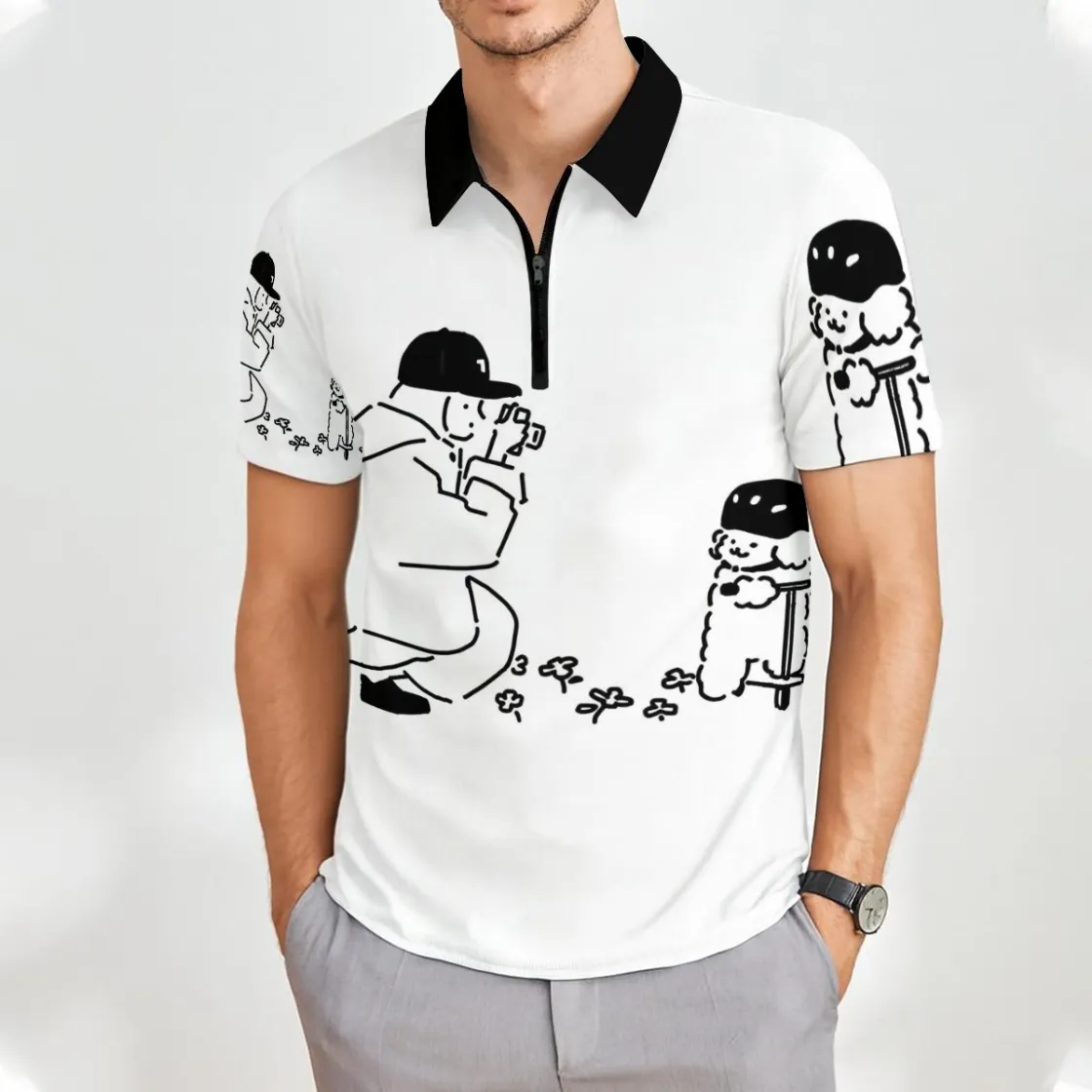 All-Over Print Men’s Short Sleeve Polo Shirt with Zipper