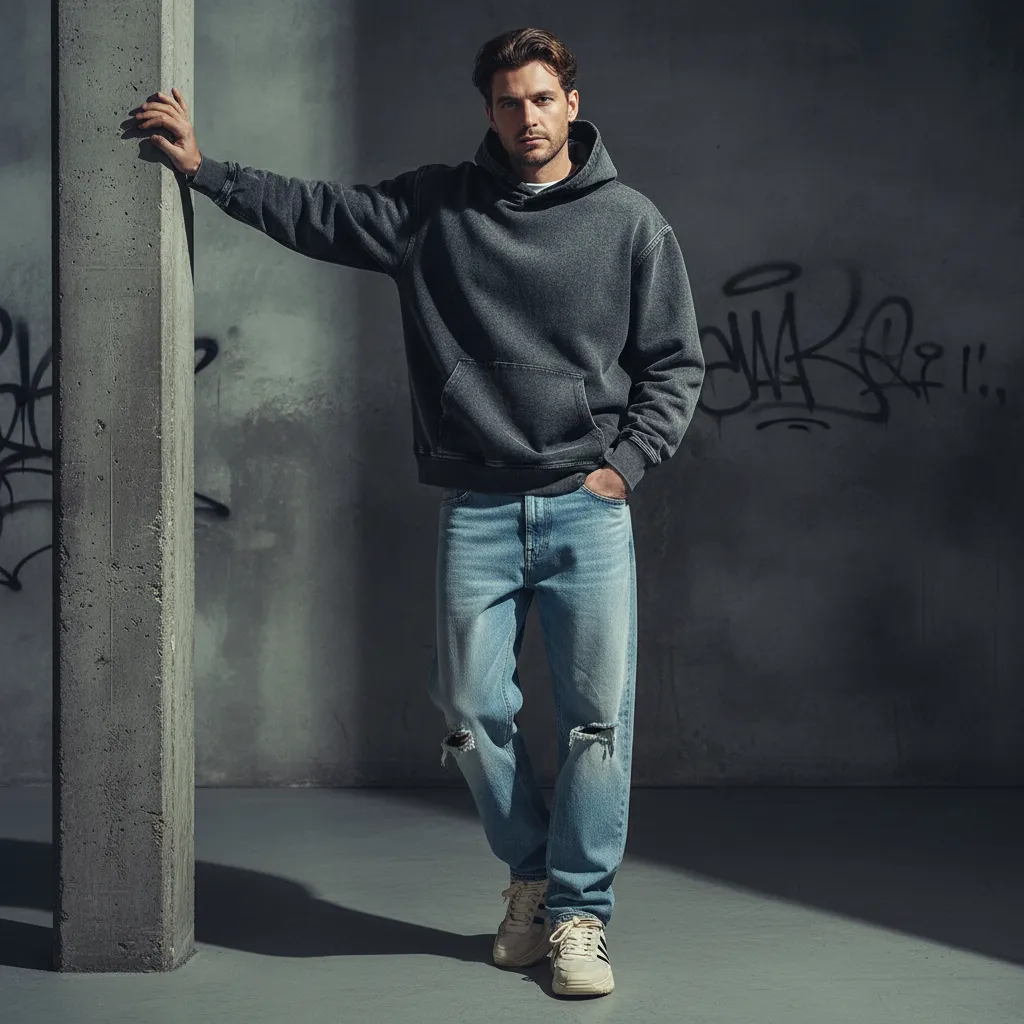 Men’s Washed Denim Pullover Hoodie|380GSM DTG