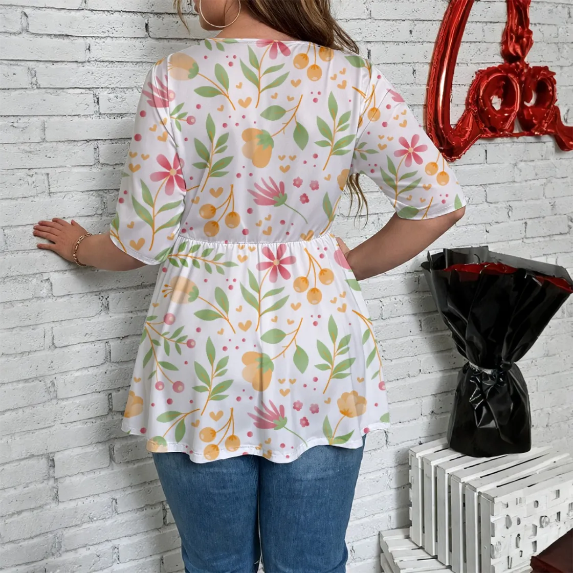 All-Over Print Women's V-Neck Asymmetrical Hem Top