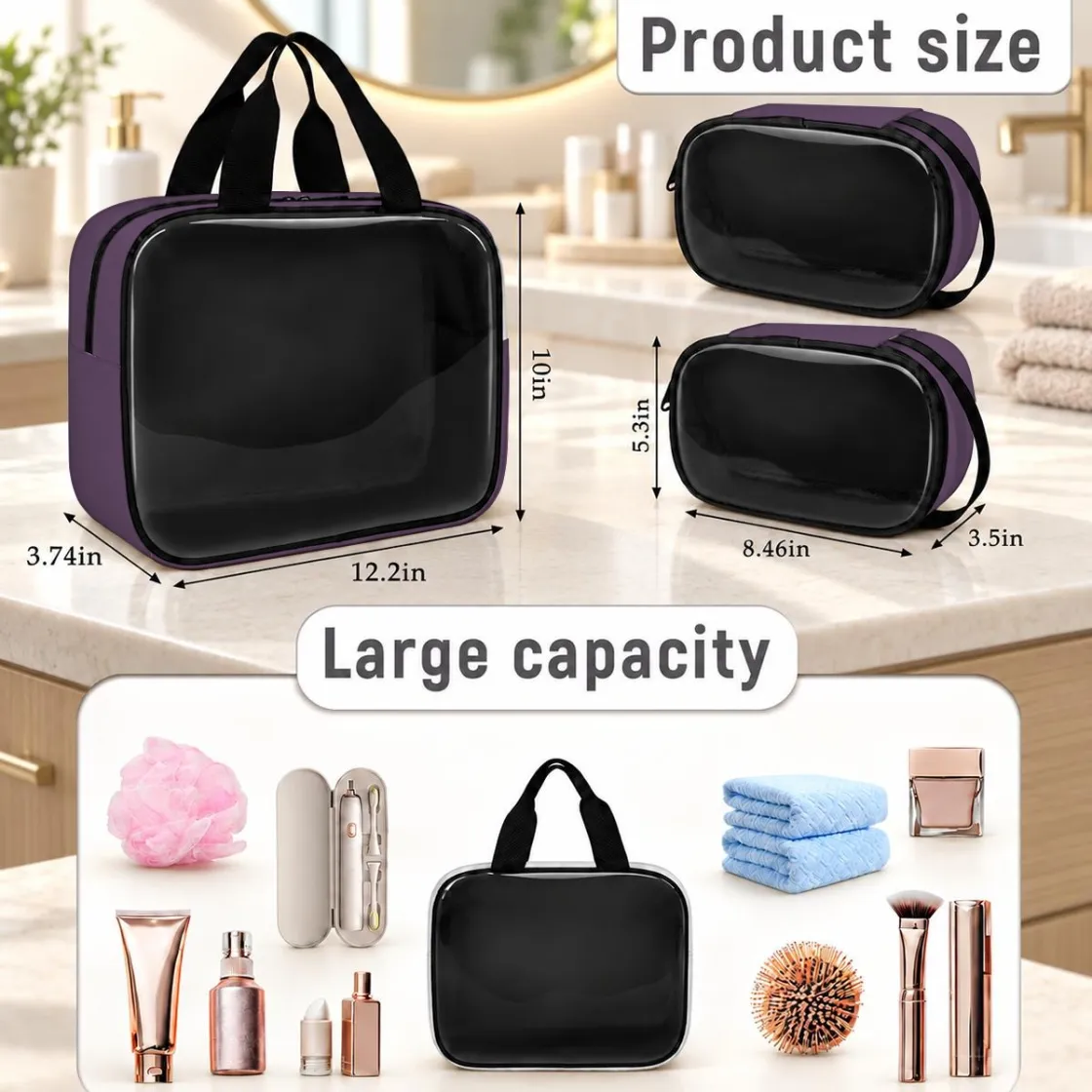 3-Piece Large-Capacity Travel Cosmetic Bag Set With PVC Back Panel