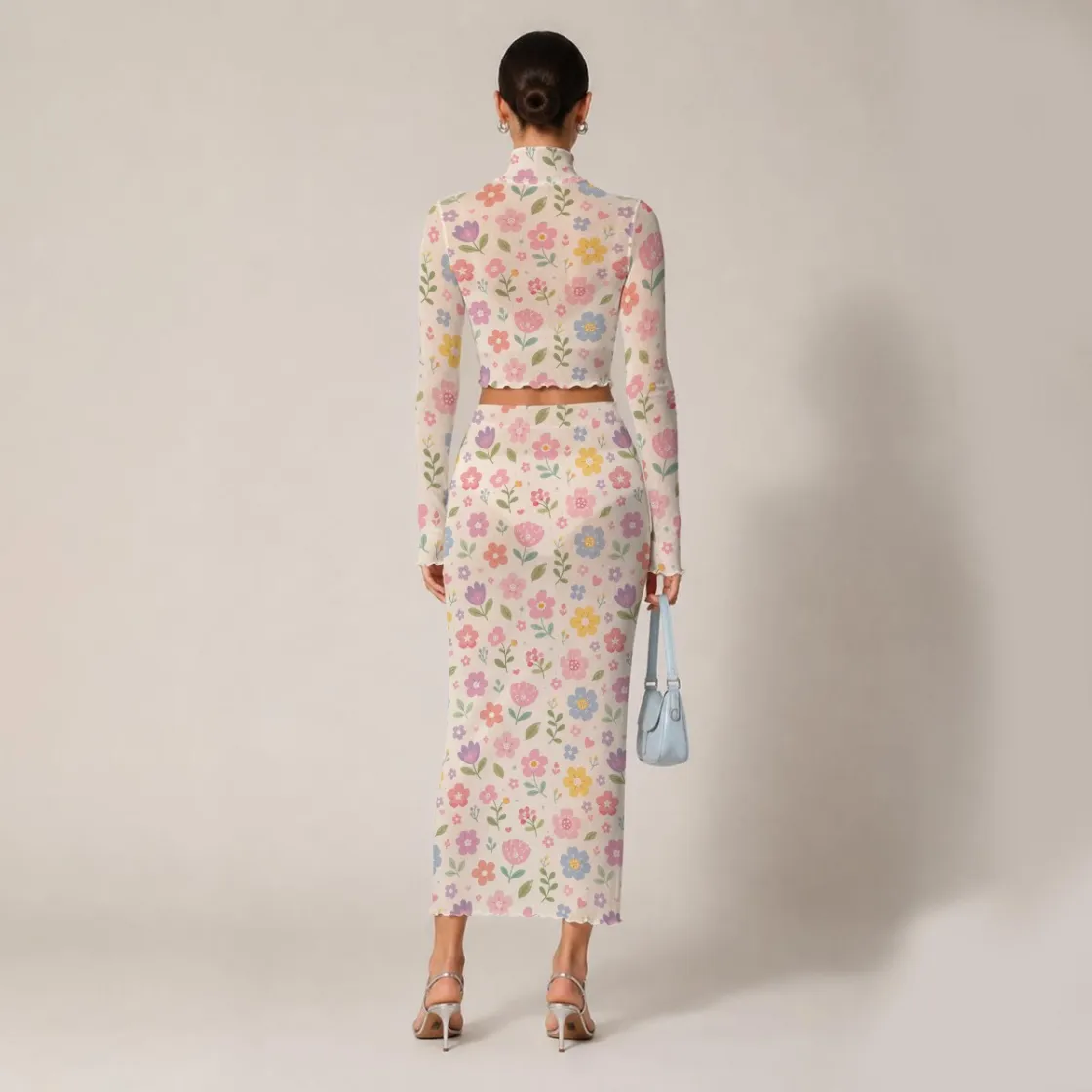 All-Over Print Women's High Neck Skirt Set With Thumb Hole