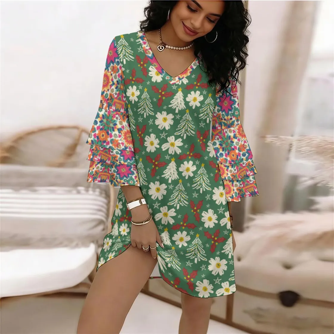 All-Over Print Women's Stacked Ruffle Sleeve Dress