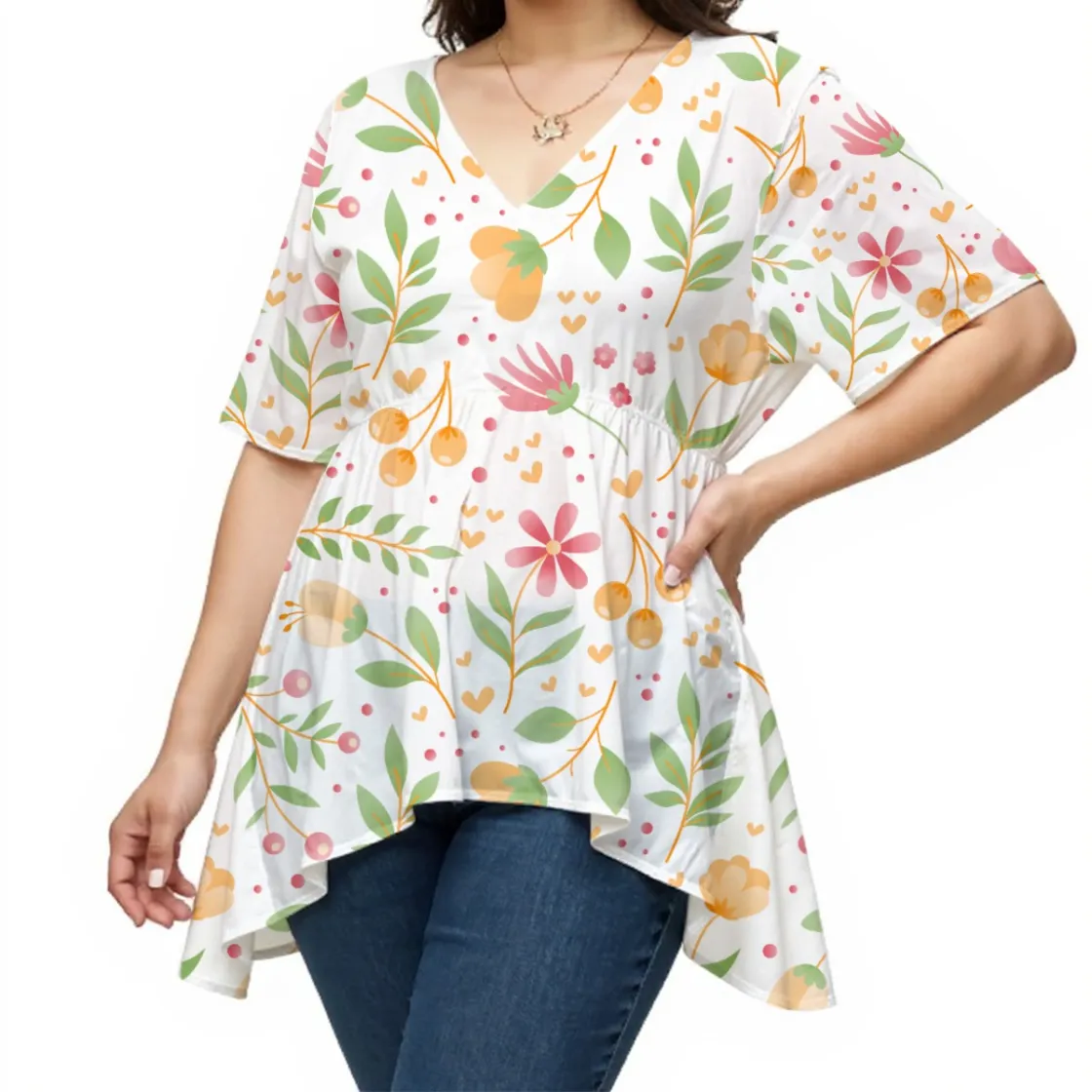All-Over Print Women's V-Neck Asymmetrical Hem Top
