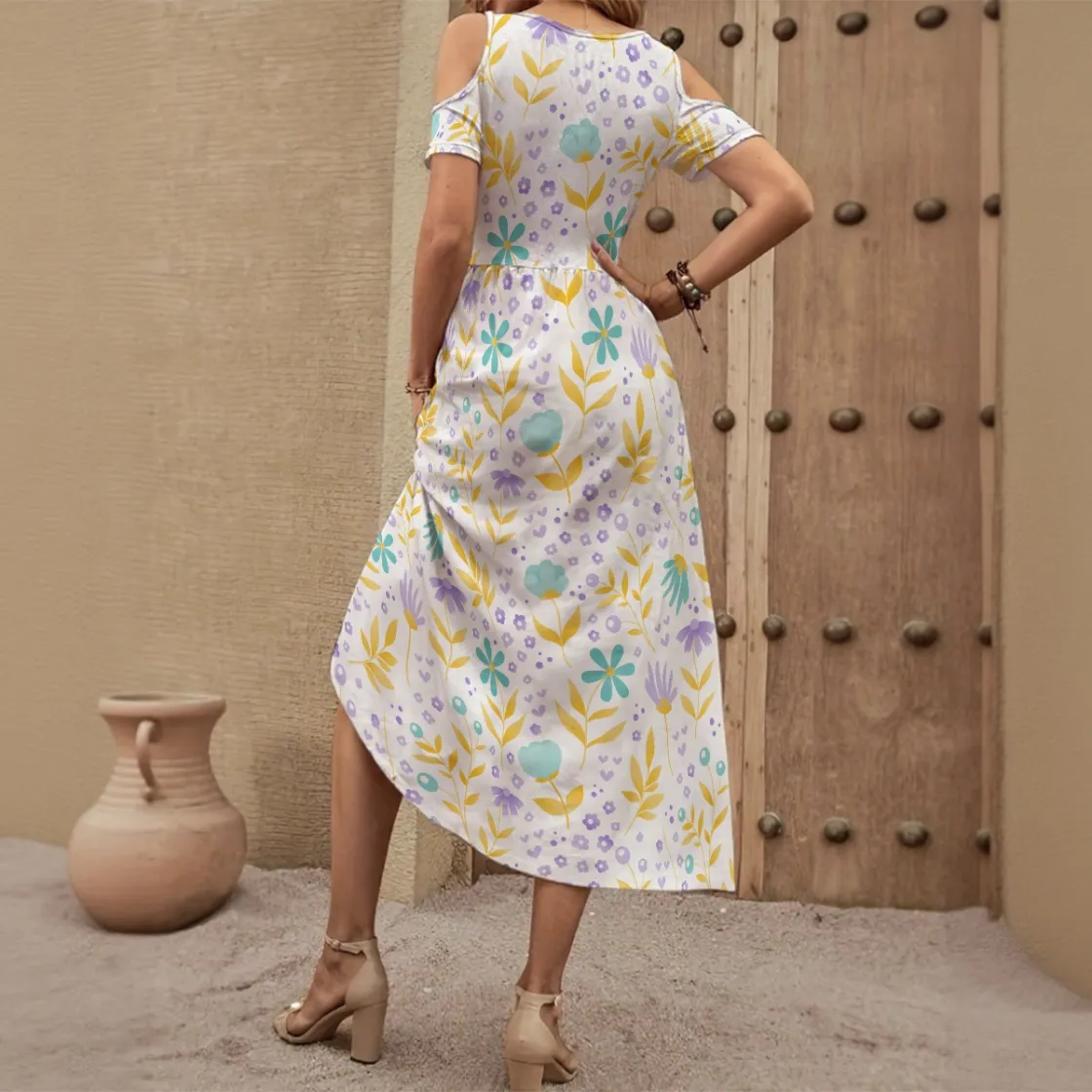 All-Over Print Women's V-neck Off-shoulder Dress
