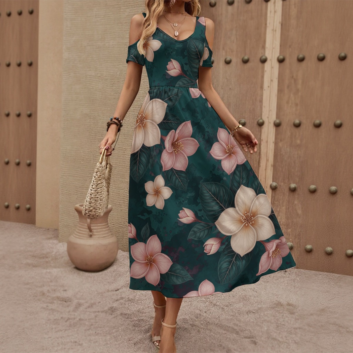 All-Over Print Women's V-neck Off-shoulder Dress (P95AS)