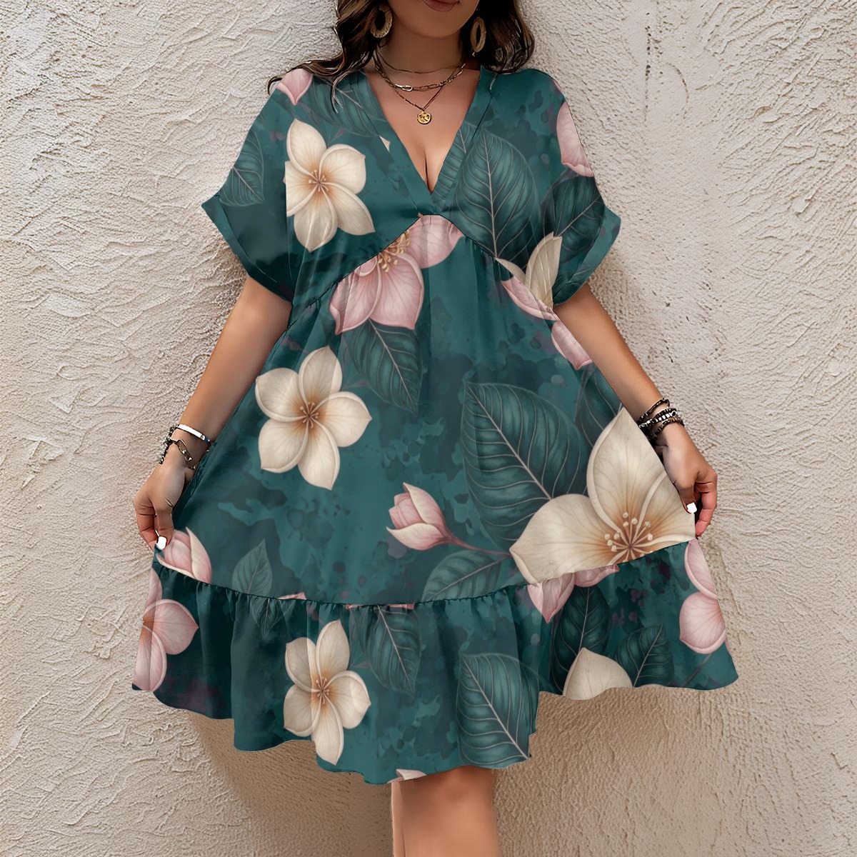 All-Over Print Women’s Floral V-Neck Short Sleeve Dress (P95AU)