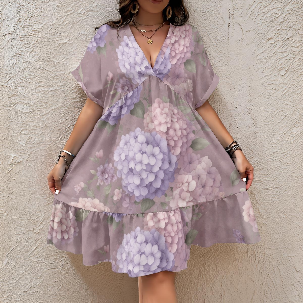 All-Over Print Women’s Floral V-Neck Short Sleeve Dress (P959D)