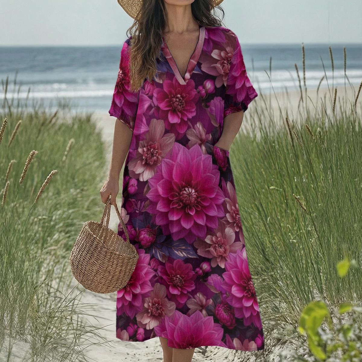 All-Over Print Women's Loose V-Neck Summer Dress (P957M)