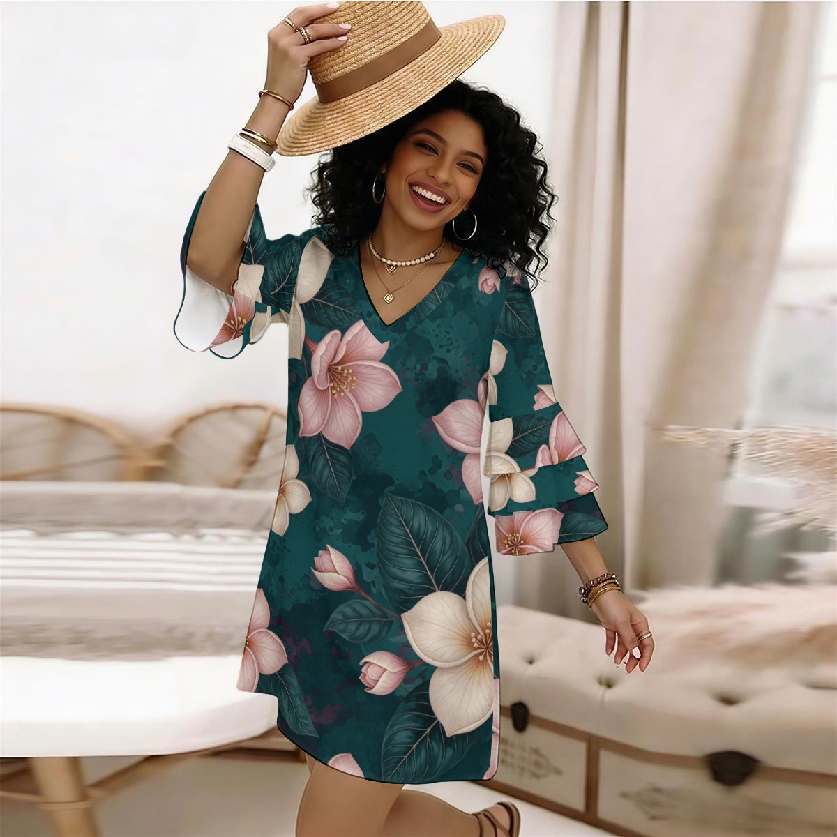 All-Over Print Women's Stacked Ruffle Sleeve Dress (P95AR)