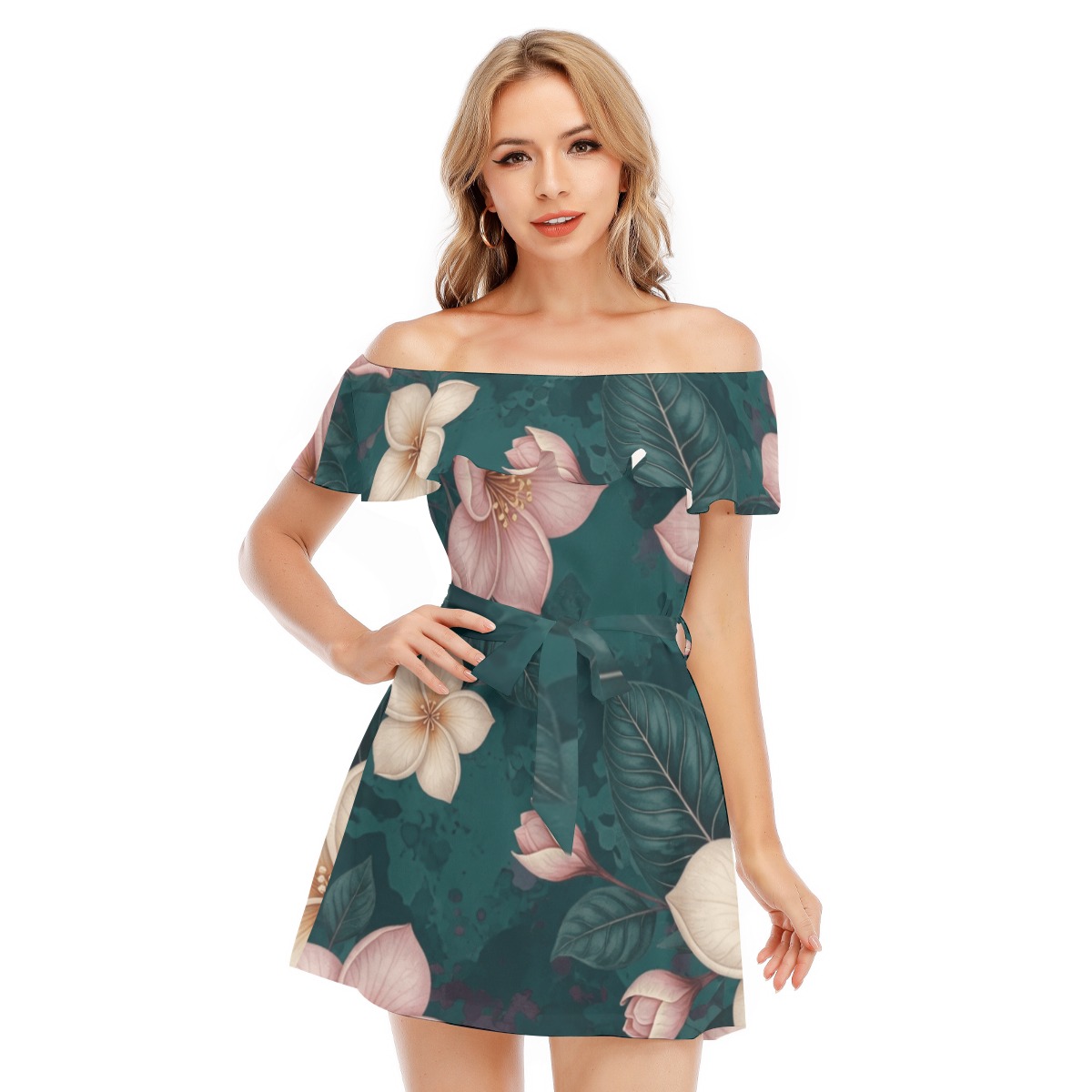 All-Over Print Women's Off-shoulder Dress With Ruffle (P95AL)