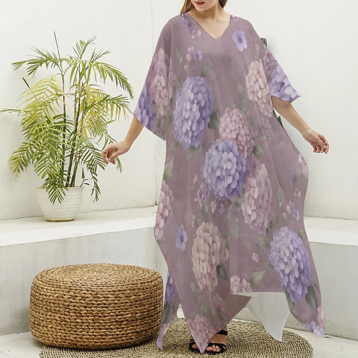 All-Over Print Women's Imitation Silk V-neck Kaftan Robe (P9598)