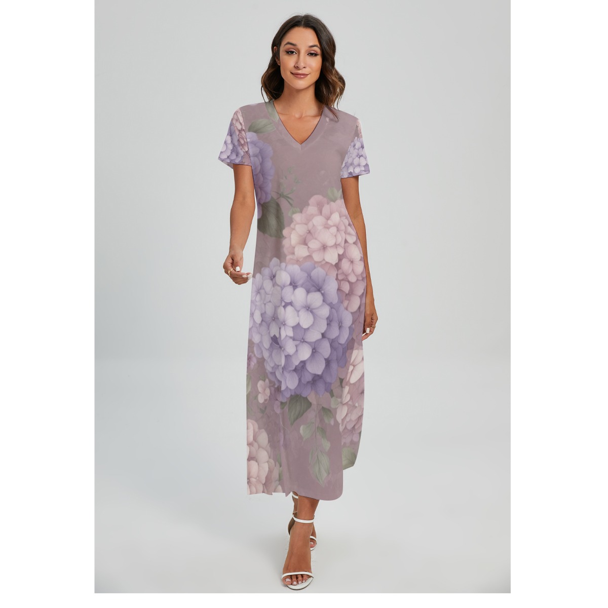All-Over Print Women's V-neck Dress With Side Slit (P9594)