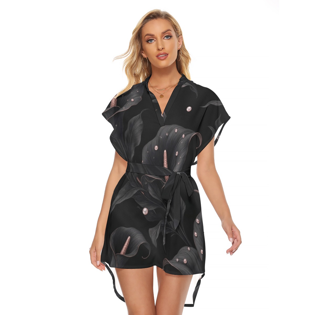 All-Over Print Women's Stand-up Collar Casual Dress With Belt (P94PV)