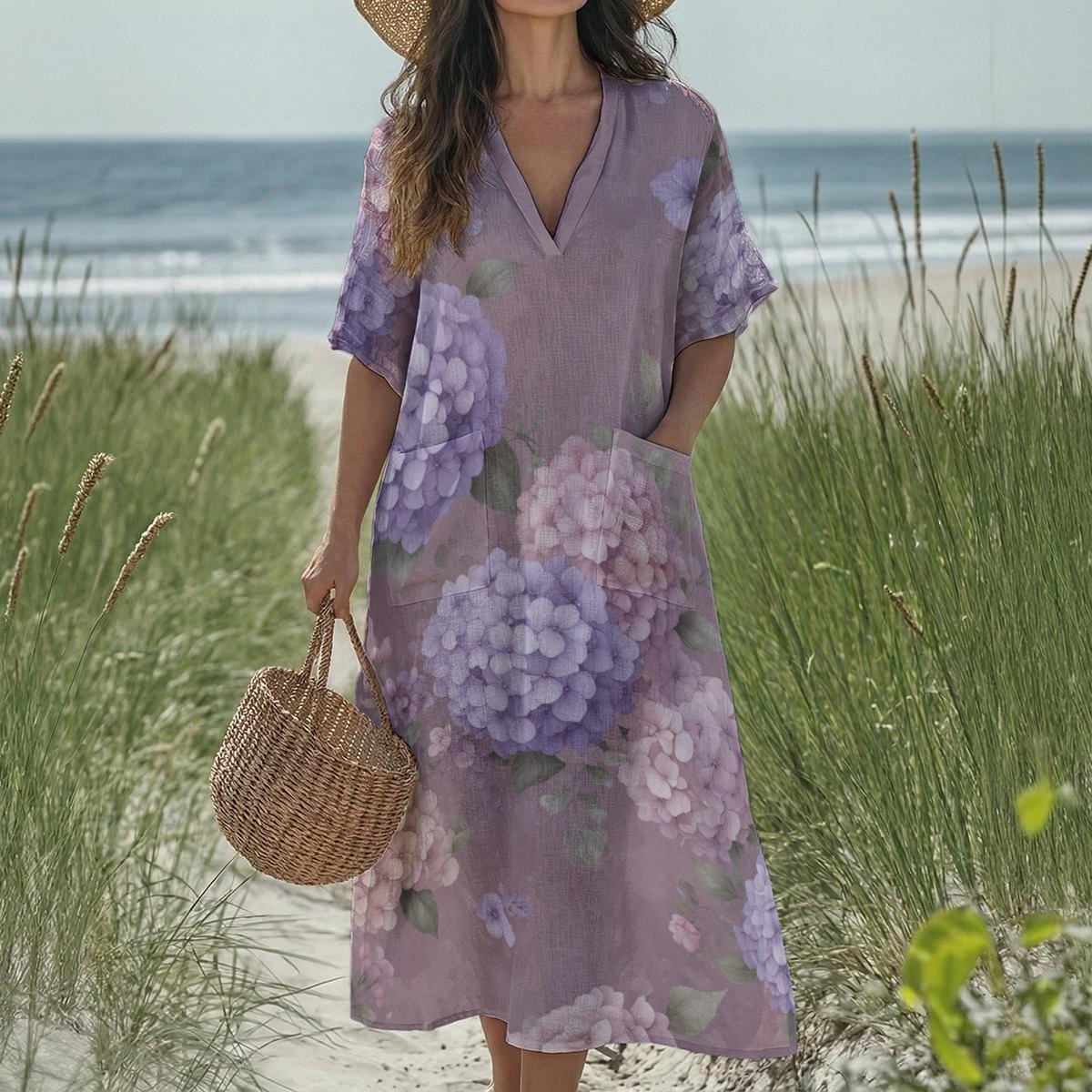 All-Over Print Women's Loose V-Neck Summer Dress (P959L)