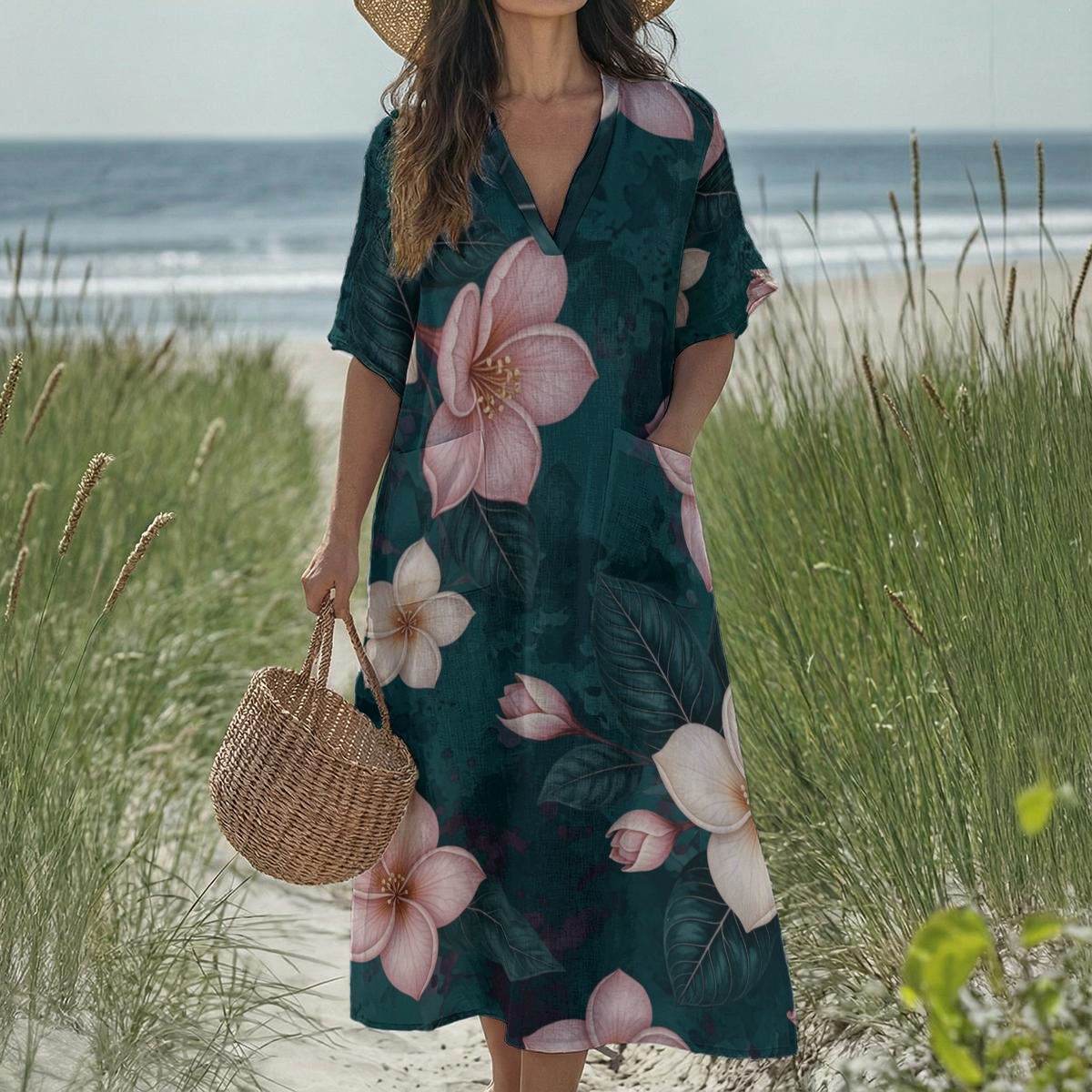 All-Over Print Women's Loose V-Neck Summer Dress (P95B2)
