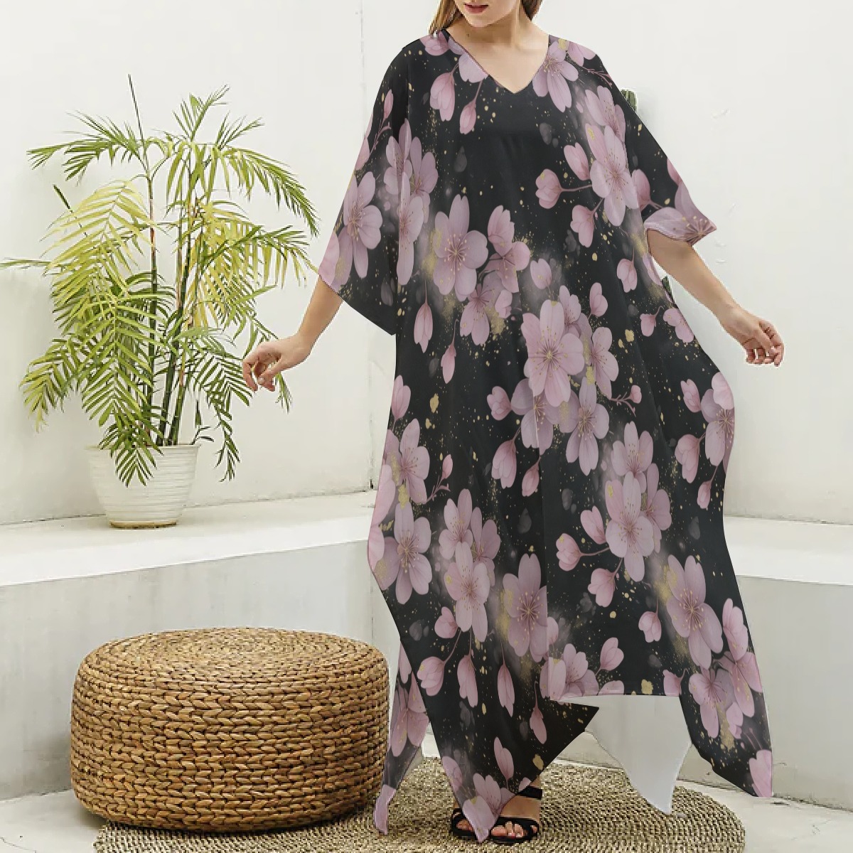 All-Over Print Women's Imitation Silk V-neck Kaftan Robe (P9K2N)