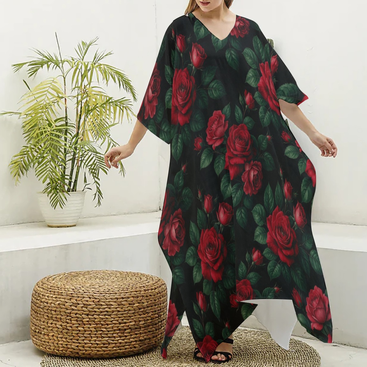 All-Over Print Women's Imitation Silk V-neck Kaftan Robe (P9K8H)
