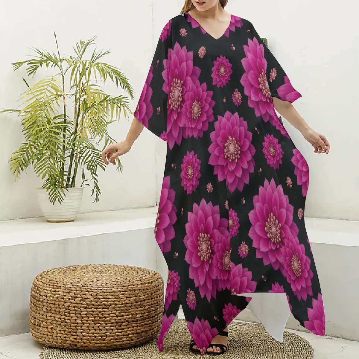 All-Over Print Women's Imitation Silk V-neck Kaftan Robe (P9K18)
