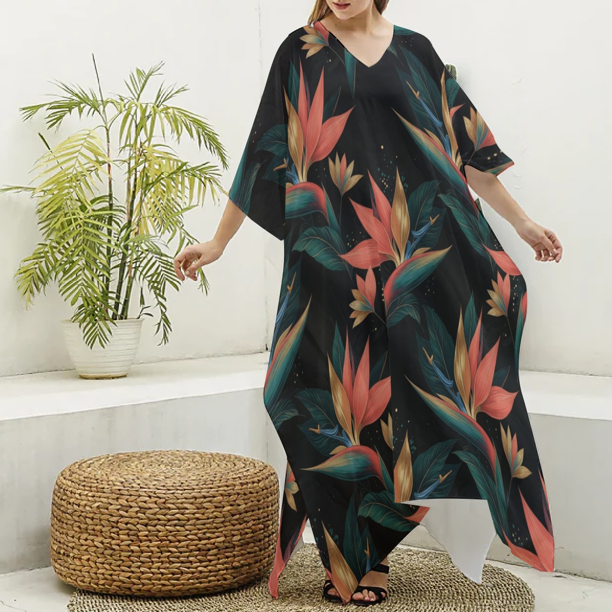 All-Over Print Women's Imitation Silk V-neck Kaftan Robe (P9JSZ)