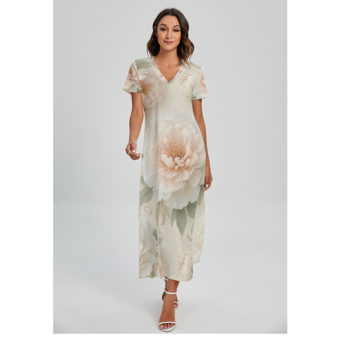 All-Over Print Women's V-neck Dress With Side Slit (P9D87)