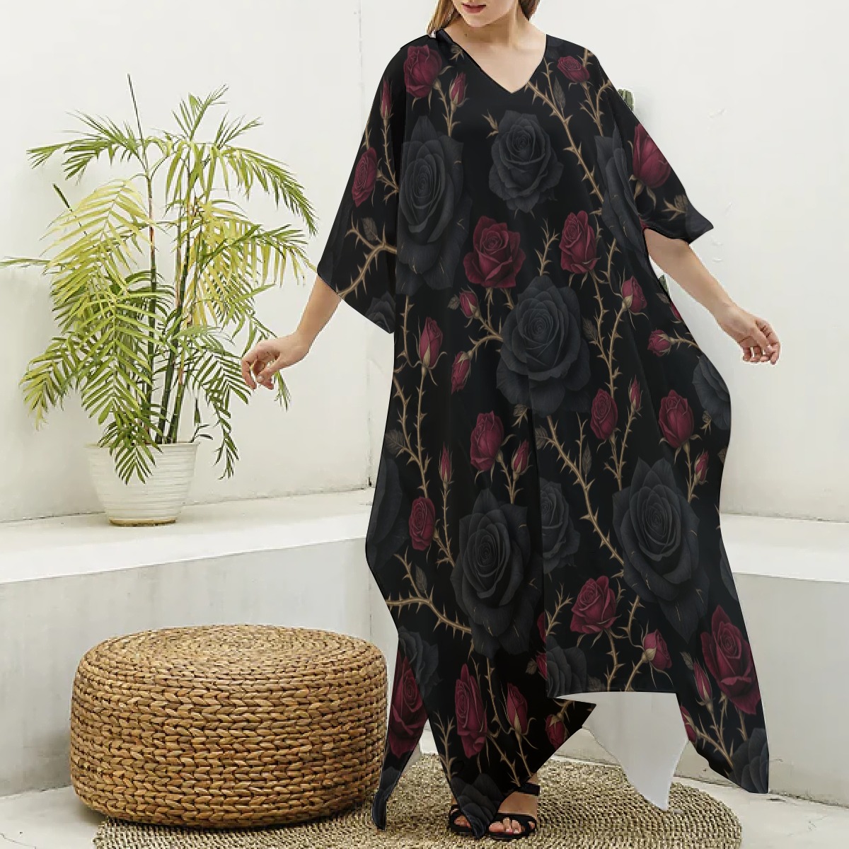 All-Over Print Women's Imitation Silk V-neck Kaftan Robe (P9K4U)