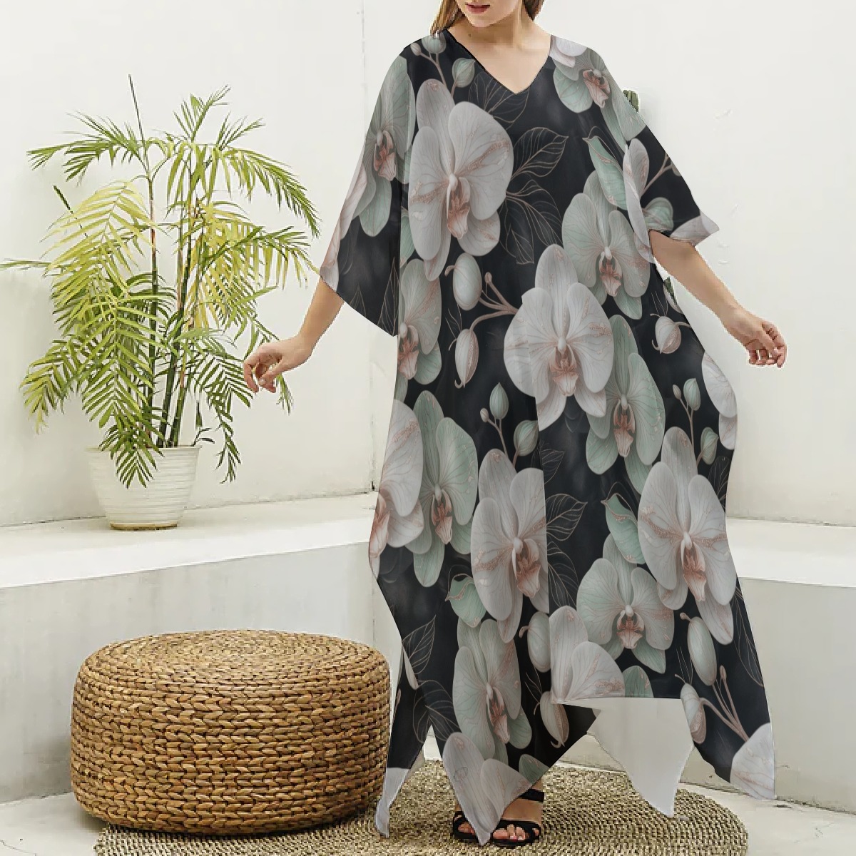 All-Over Print Women's Imitation Silk V-neck Kaftan Robe (P9JXC)