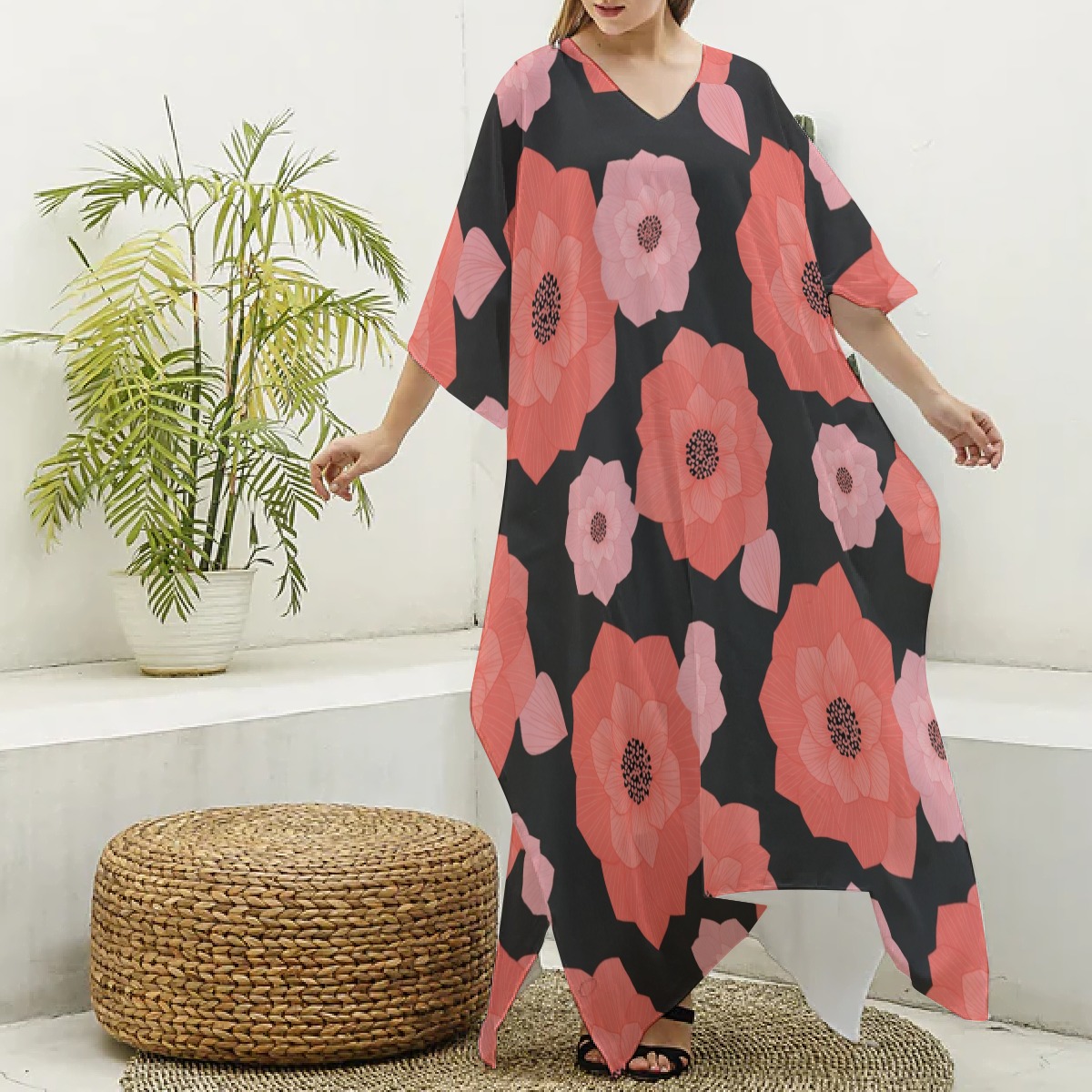 All-Over Print Women's Imitation Silk V-neck Kaftan Robe (P9F6X)