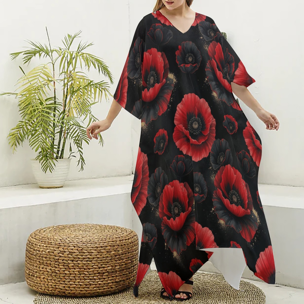 All-Over Print Women's Imitation Silk V-neck Kaftan Robe (P9F8F)