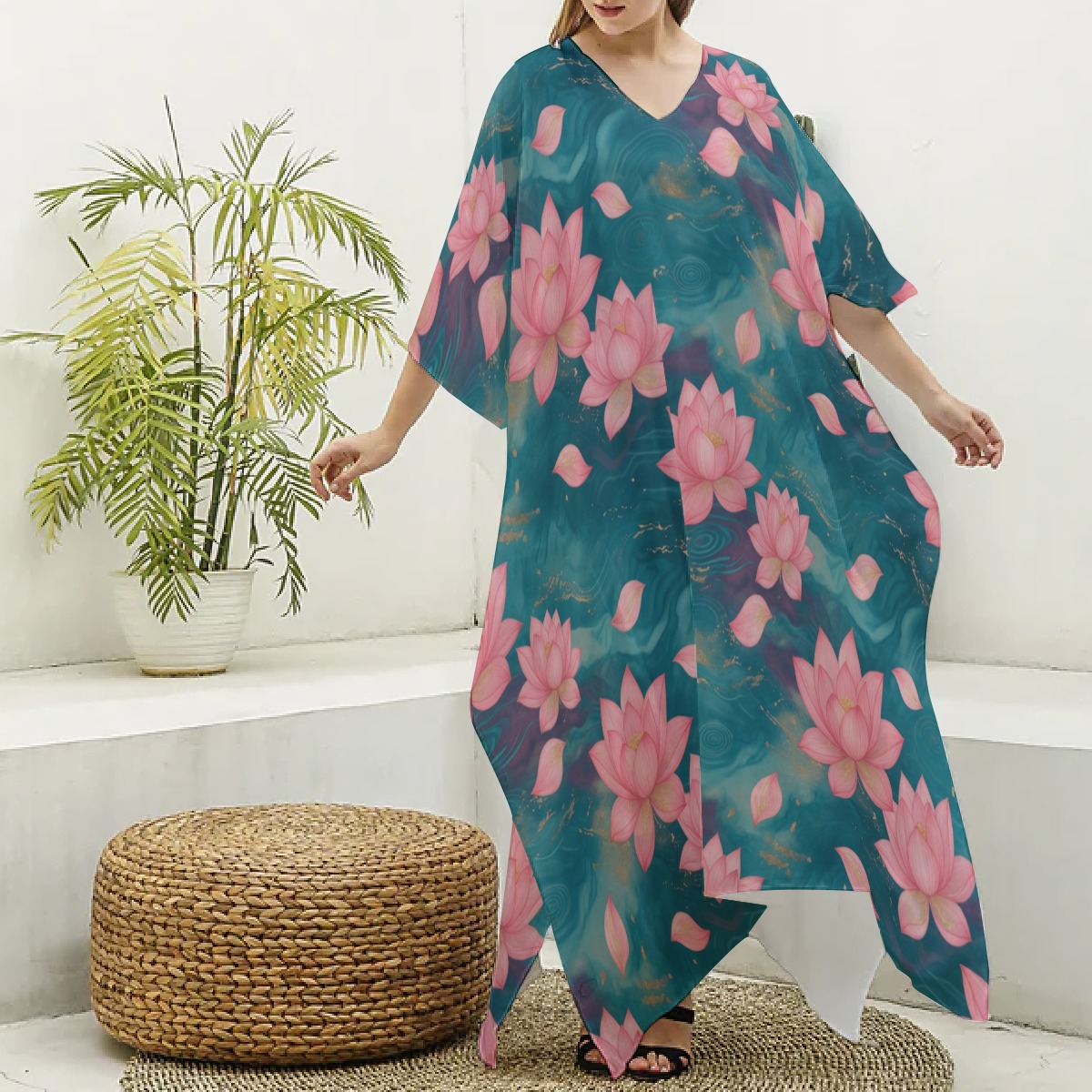 All-Over Print Women's Imitation Silk V-neck Kaftan Robe (P9F5J)