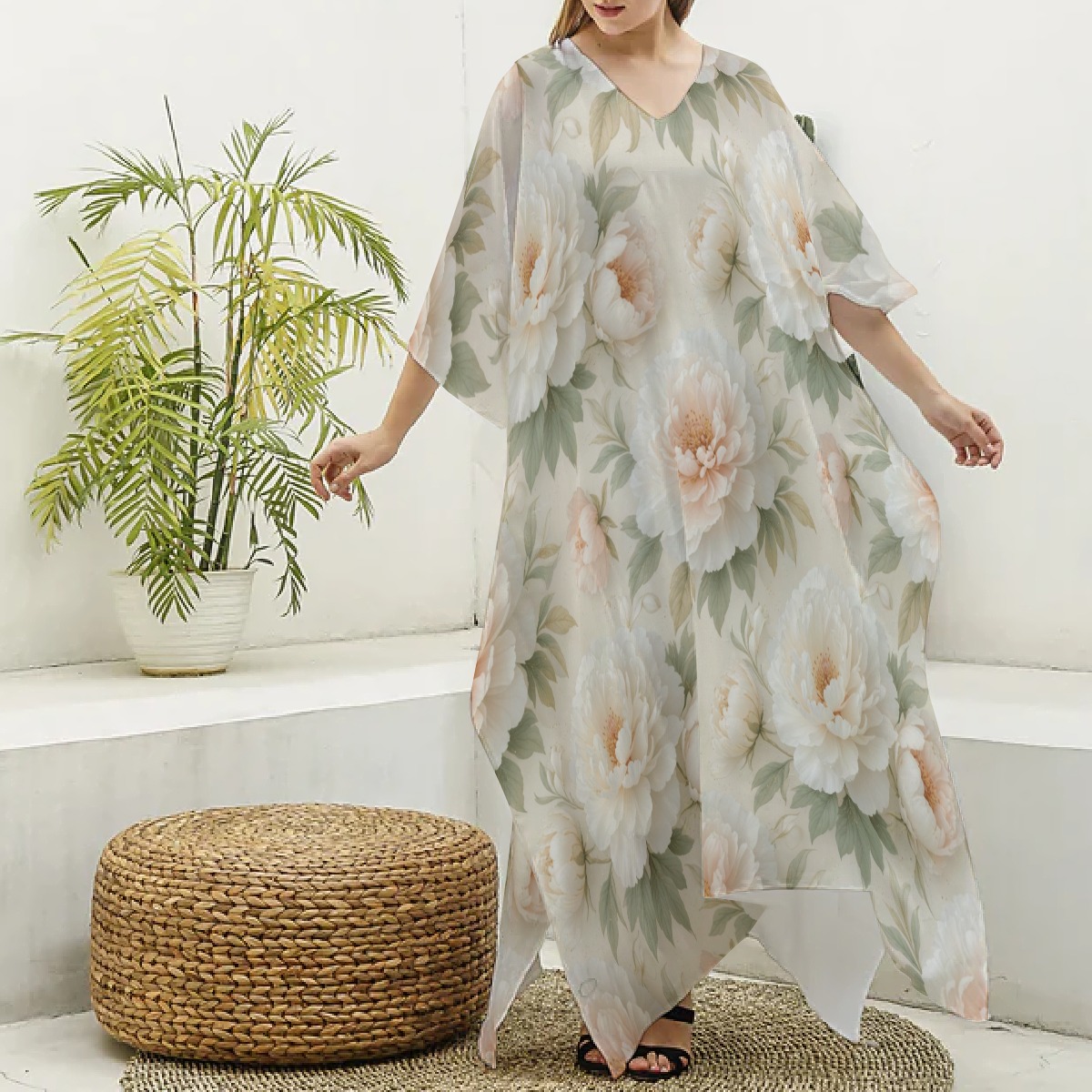 All-Over Print Women's Imitation Silk V-neck Kaftan Robe (P9EZZ)