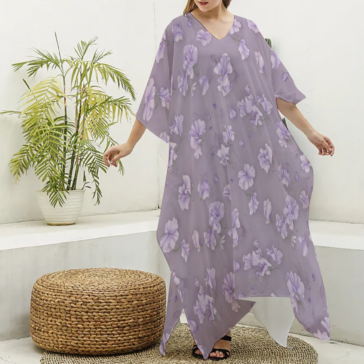 All-Over Print Women's Imitation Silk V-neck Kaftan Robe (P9JPW)