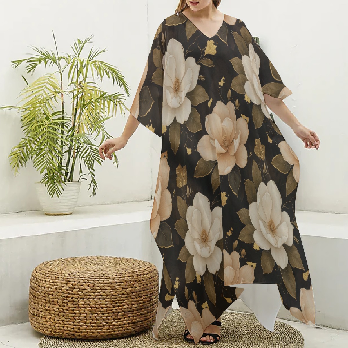 All-Over Print Women's Imitation Silk V-neck Kaftan Robe (P9JYV)