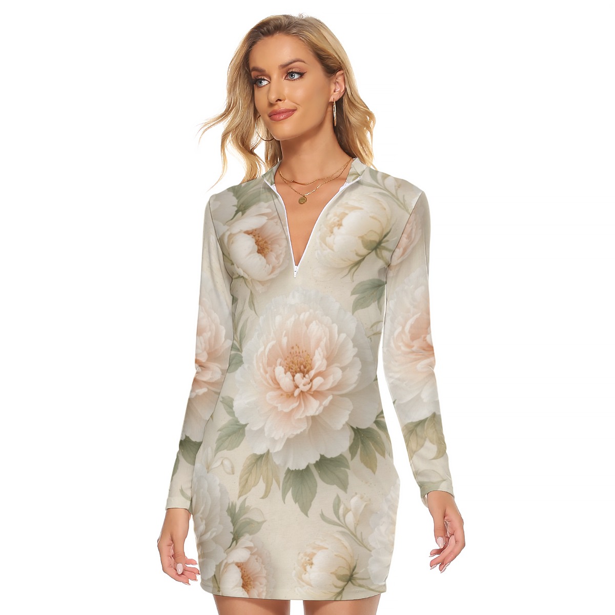 All-Over Print Women's Zip Front Tight Dress (P9F1D)