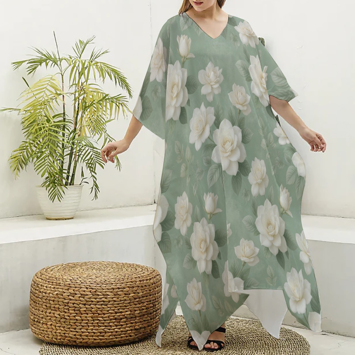 All-Over Print Women's Imitation Silk V-neck Kaftan Robe (P9F9V)