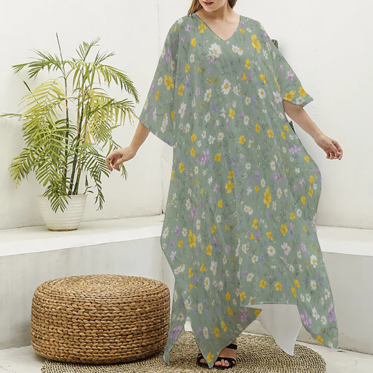 All-Over Print Women's Imitation Silk V-neck Kaftan Robe (P9JR4)