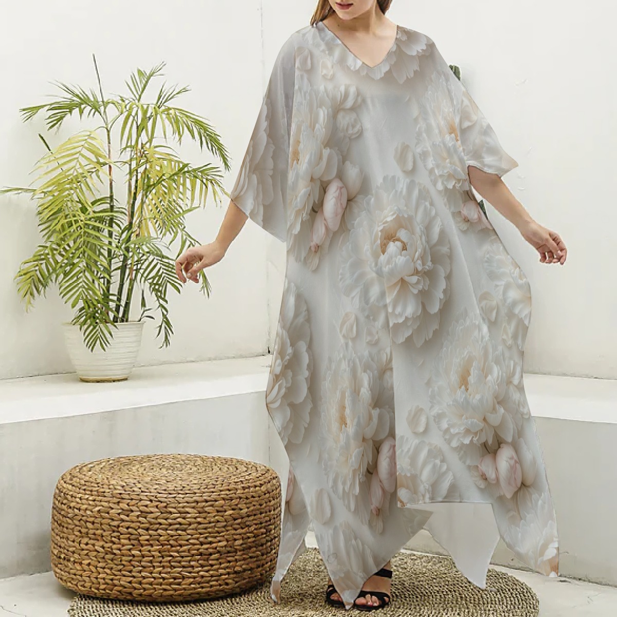All-Over Print Women's Imitation Silk V-neck Kaftan Robe (P9K7A)