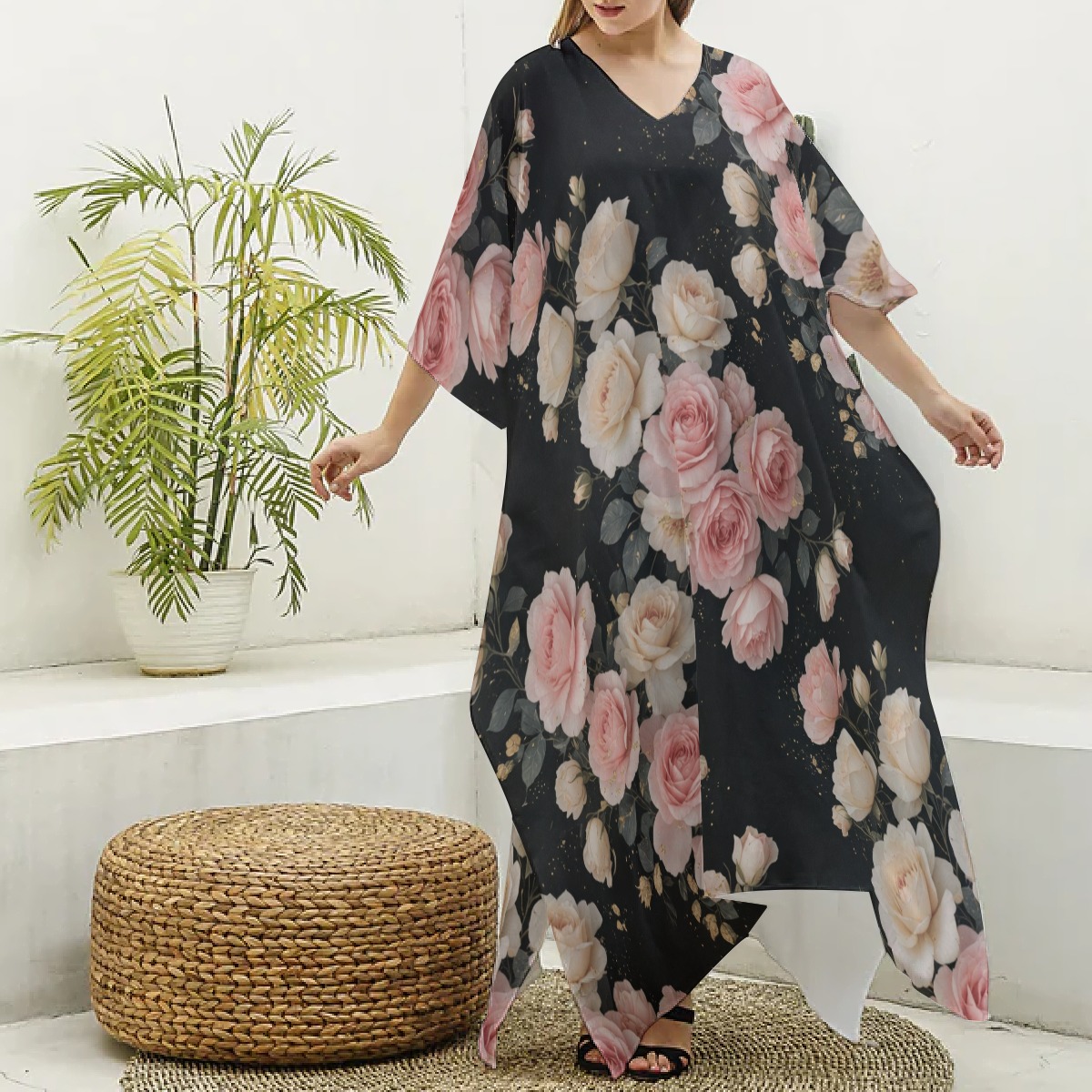 All-Over Print Women's Imitation Silk V-neck Kaftan Robe (P9JVV)