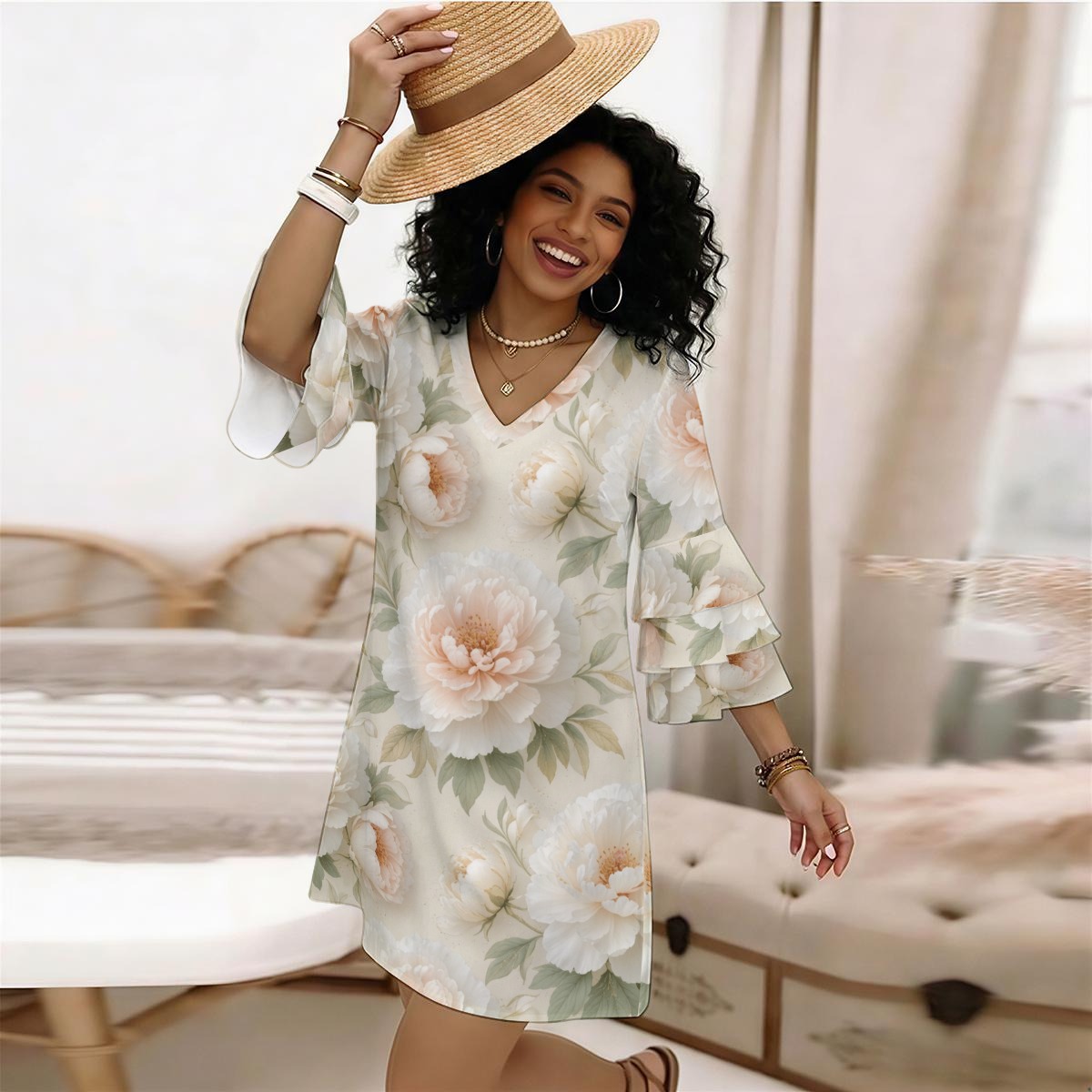 All-Over Print Women's Stacked Ruffle Sleeve Dress (P9D8C)