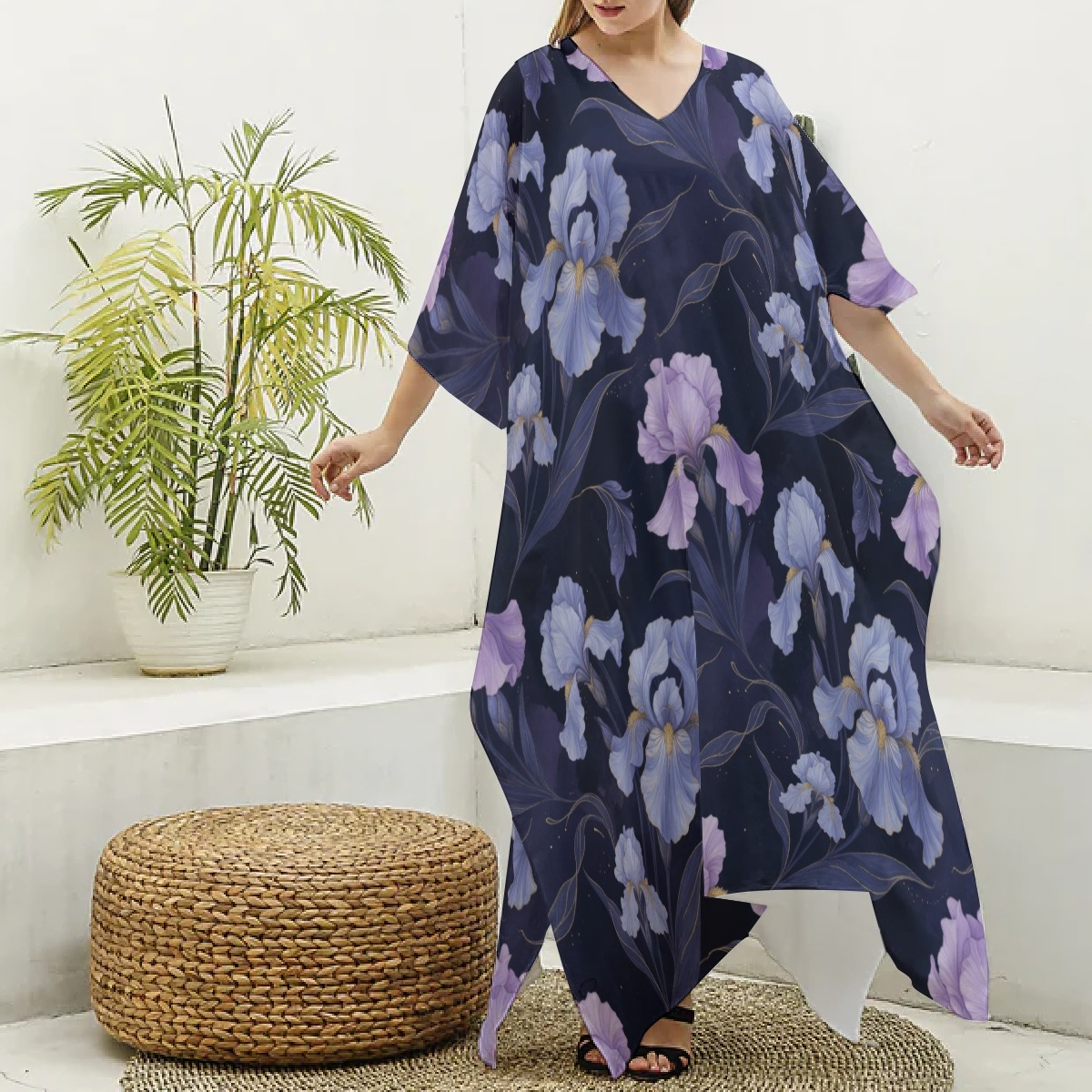 All-Over Print Women's Imitation Silk V-neck Kaftan Robe (P9F2F)
