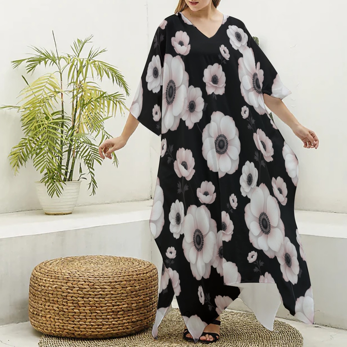 All-Over Print Women's Imitation Silk V-neck Kaftan Robe (P9JLU)