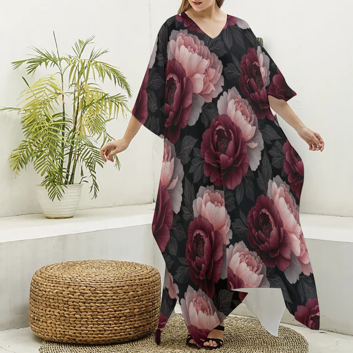 All-Over Print Women's Imitation Silk V-neck Kaftan Robe (P9JUM)