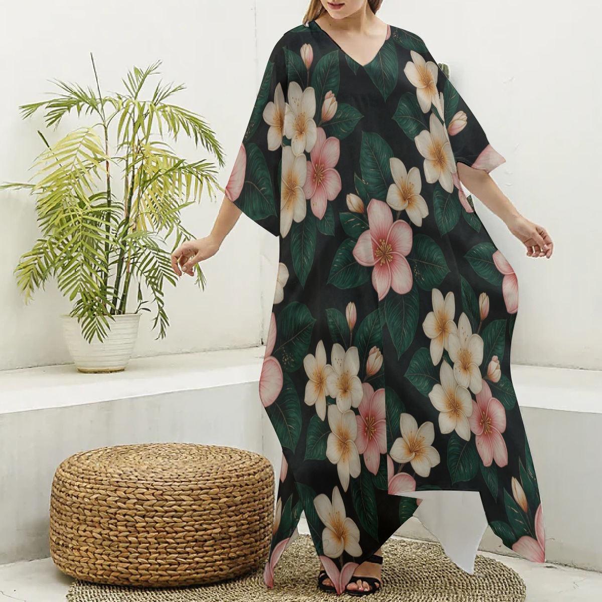 All-Over Print Women's Imitation Silk V-neck Kaftan Robe (P9K62)